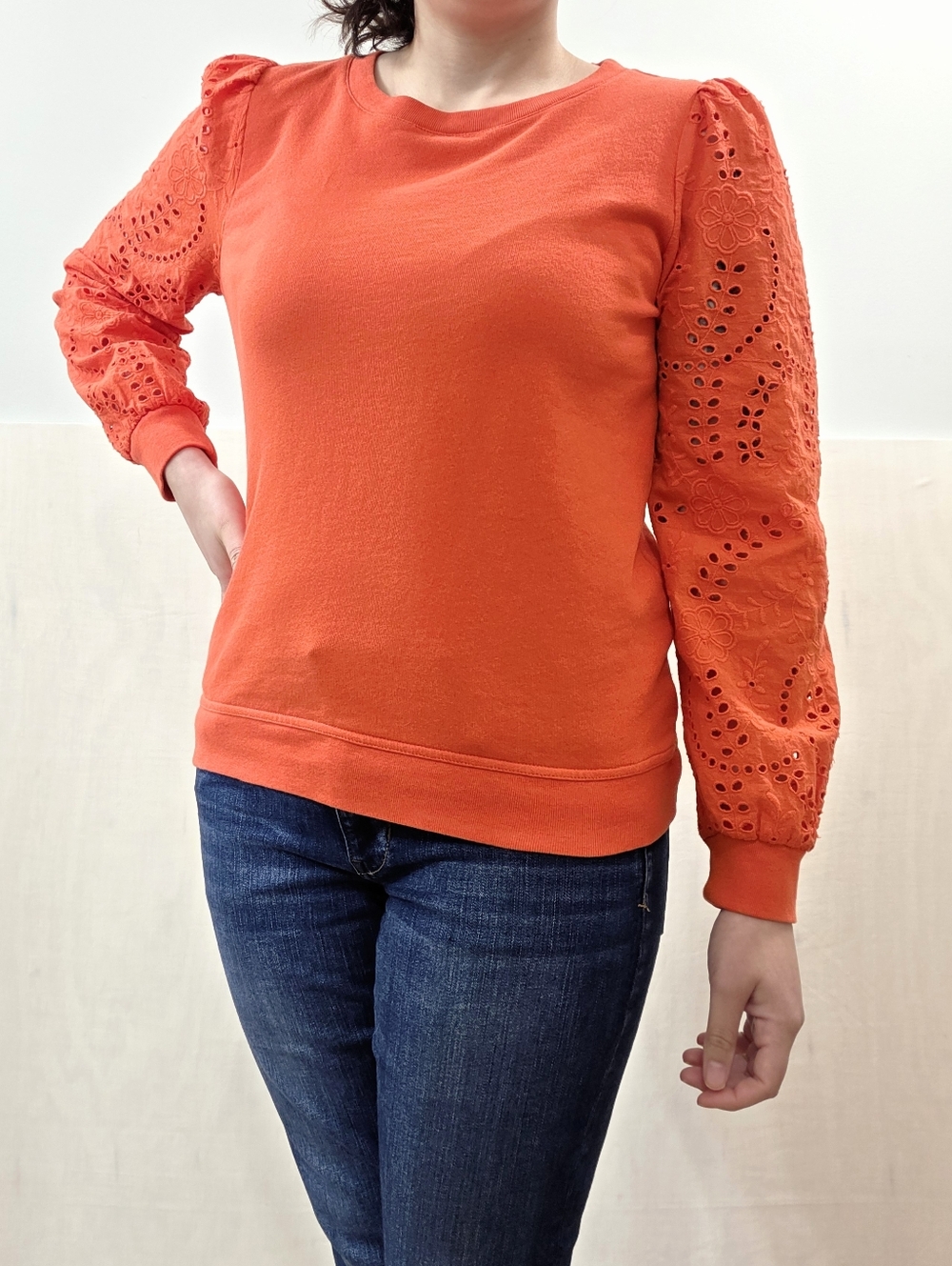 Talbots Vibrant Orange Sweater With Floral Cut Out Sleeves Size MP